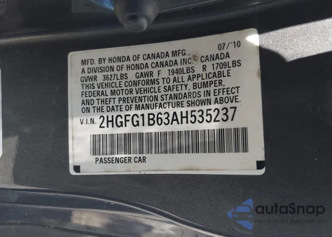 2010 Honda Civic Lx z USA, uszkodzony, nr VIN 2HGFG1B63AH535237